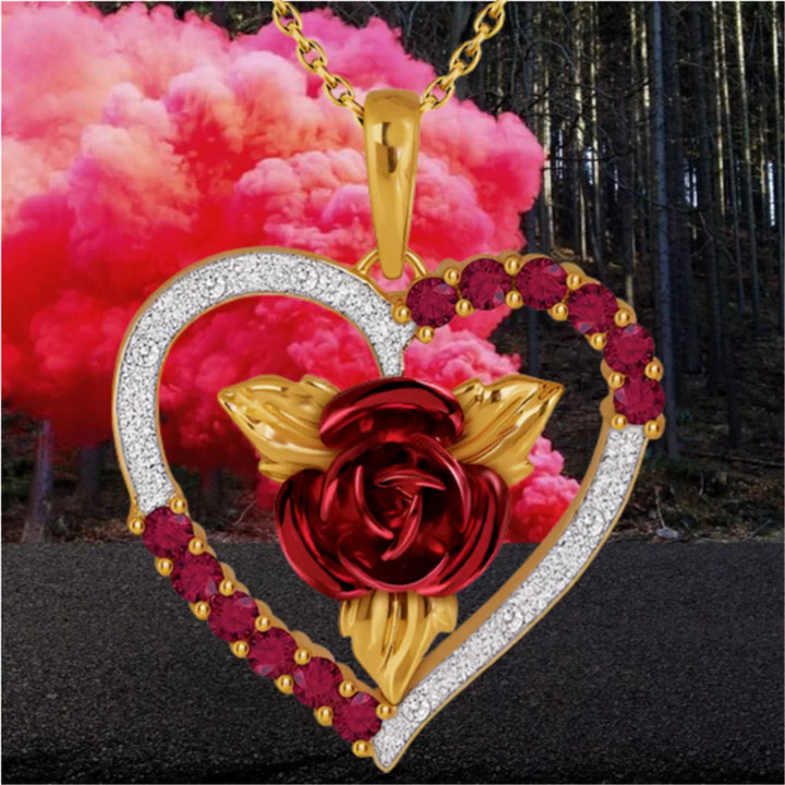 FREE-Stunning Valentine Ruby Red Heart Rose Pendant Necklace - The Red and White Rhinestones are Exquisite and will make for a Great Valentine's Day Gift