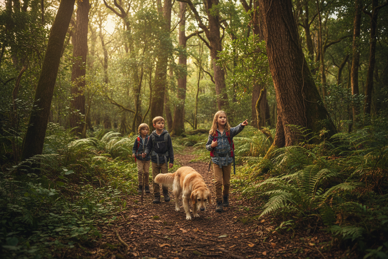 KIds exploring with a dog in the woods